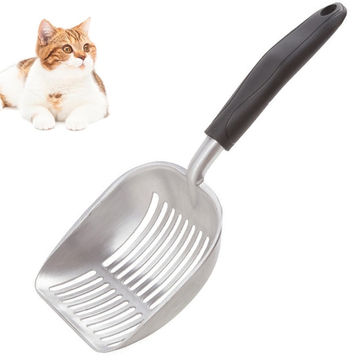 Lopata pentru litiera din metal, ZGGZERG, Lopatica pentru litiera cu maner din cauciuc, Design agatatoare, Distanta orificiului de 6mm, Design ergonomic, Rezistent rugina, Usor de curatat, Aliaj de aluminiu, 34*13.5cm, Argintiu/Negru