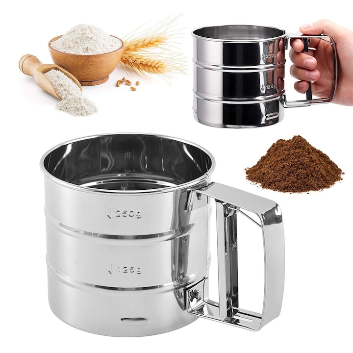 Sita pentru faina si zahar pudra cu maner, ZGGZERG, Sita gradata in forma, Maner semi-automat, Plasa fina, Frunza flexibila, Pentru faina sau zahar pudra, Capacitate 250g, Otel inoxidabil, 15*10*9.4cm, Argin