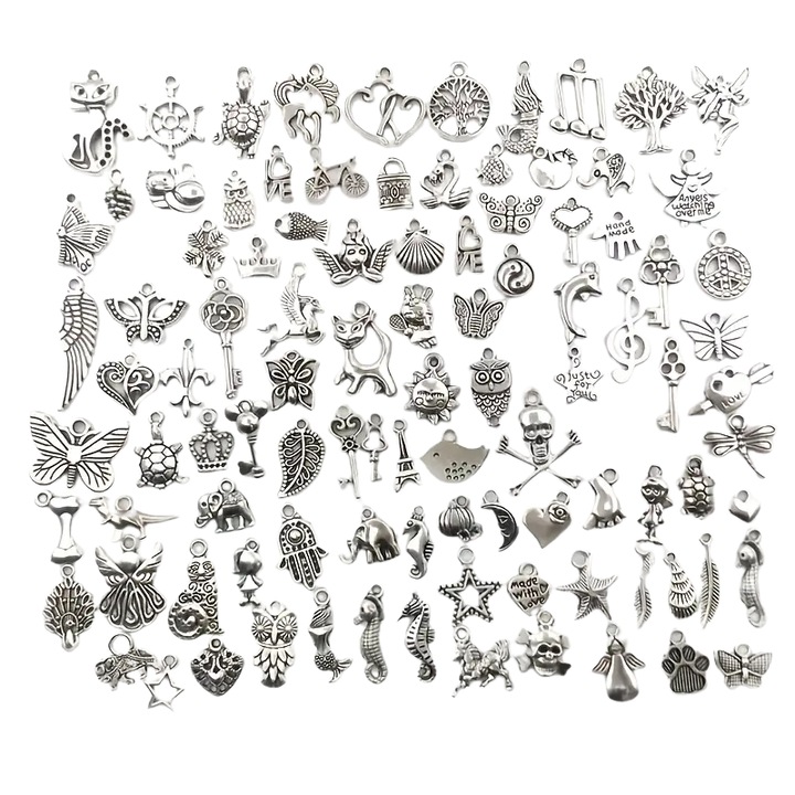 Set 50 talismane mixte metalice argintii pentru bratari, coliere, pandantive si creatie bijuterii