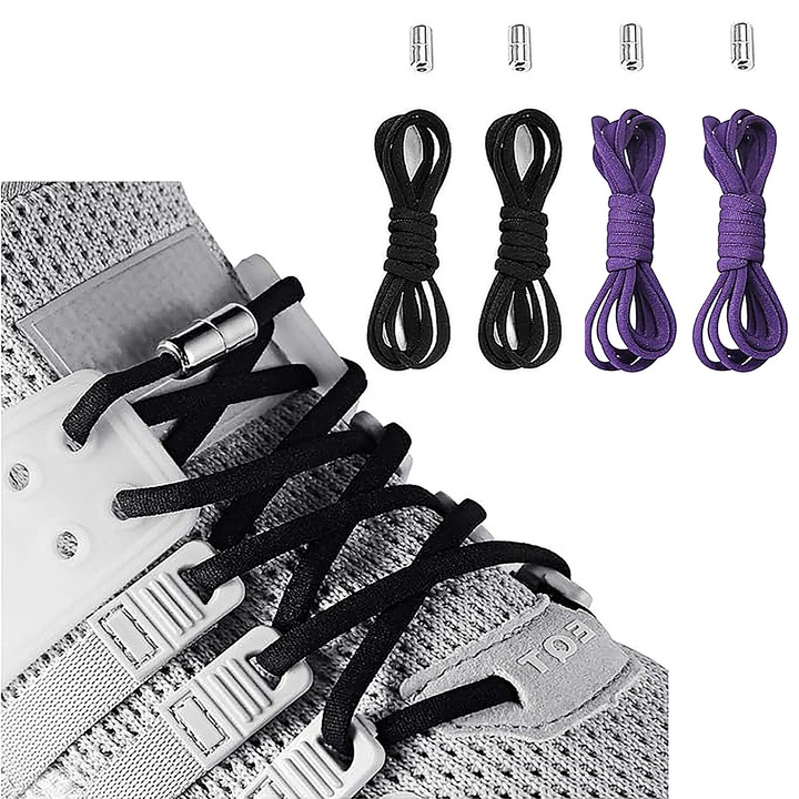 Set 2 sireturi elastice, ZGGZERG, Sireturi cu capsula metalica, Siretur cu sistem NO TOUCH, 105cm, Pentru toate tipurile de incaltaminte, Moale, Reglabil, Nu este usor de raspandit, Imbracare rapida, Instalare usoara, Poliester/Aliaj, Negru/Violet