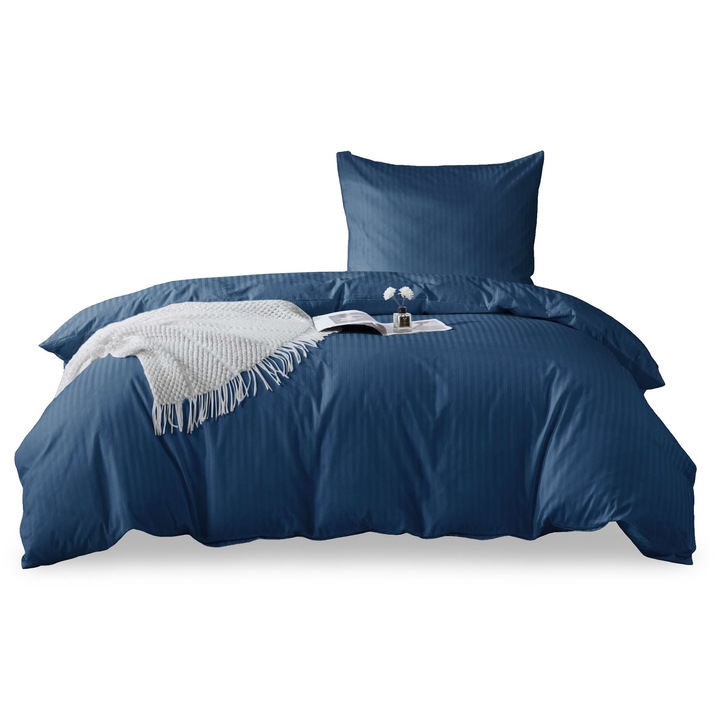 Спален комплект от памучен сатен дамаска 140х200 тъмносин