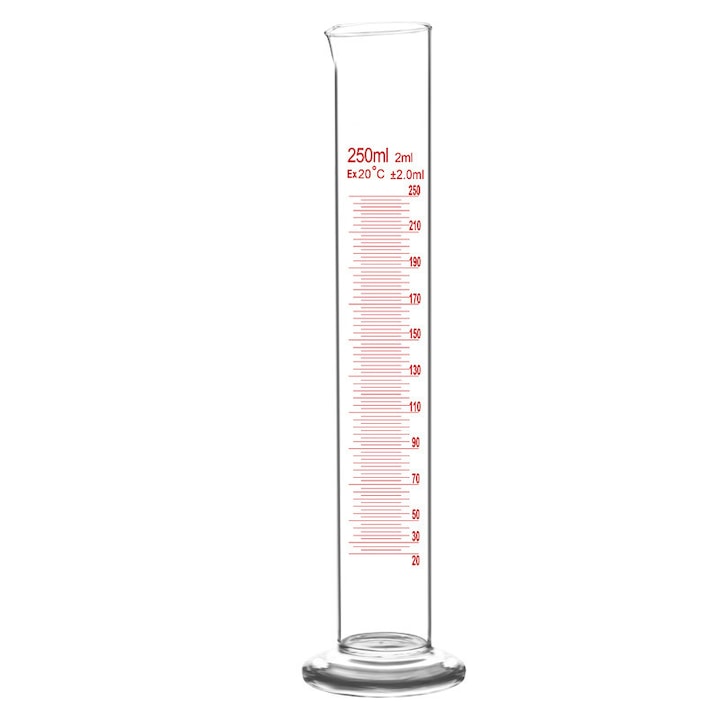 Мерилен цилиндър от боросиликатно стъкло, 250 мл, градуиране 2 мл, прозрачен