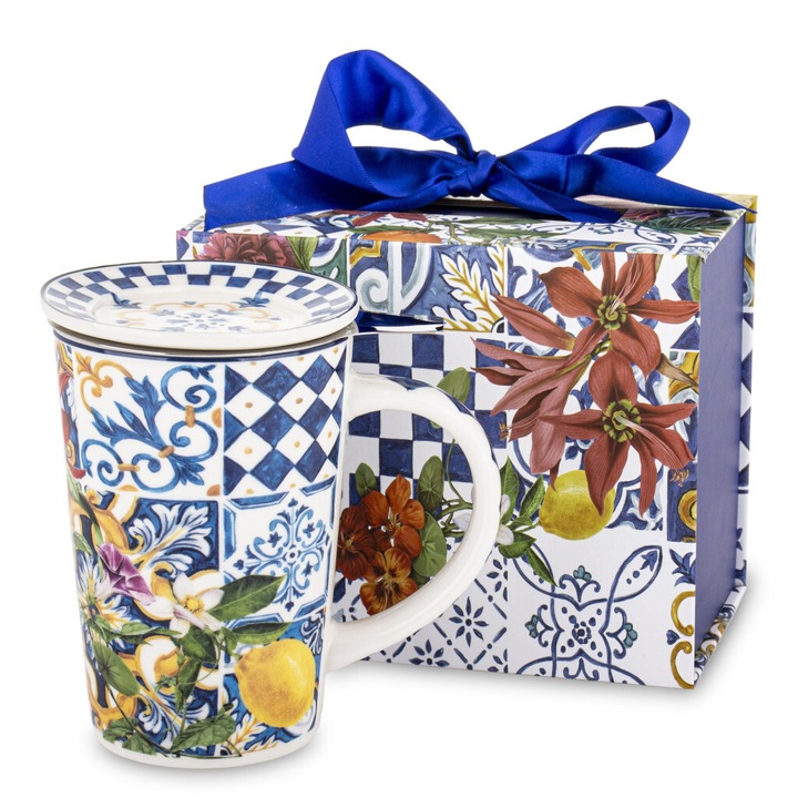 Teás csésze szűrővel, tetővel virágmintás díszdobozban