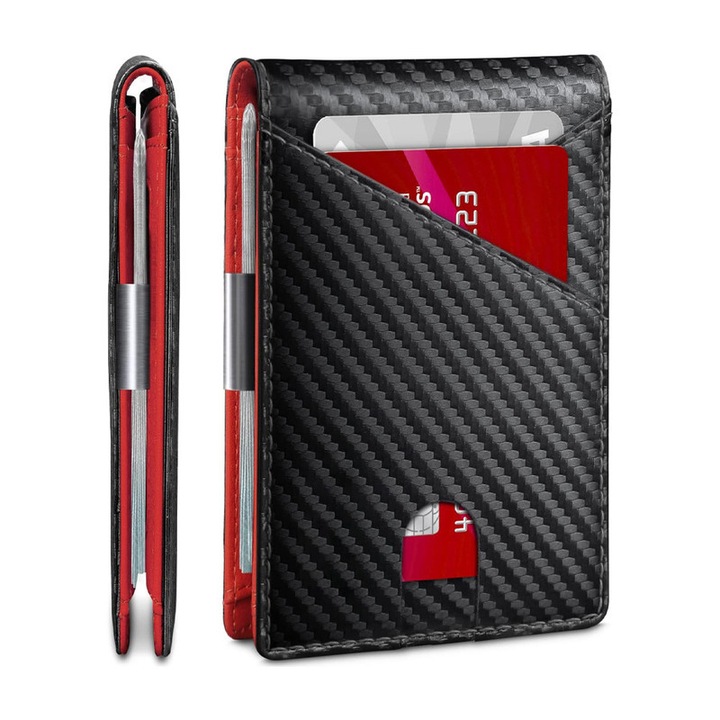 Тънък мъжки портфейл, метална щипка за пари, RFID технология, веган кожа, червен