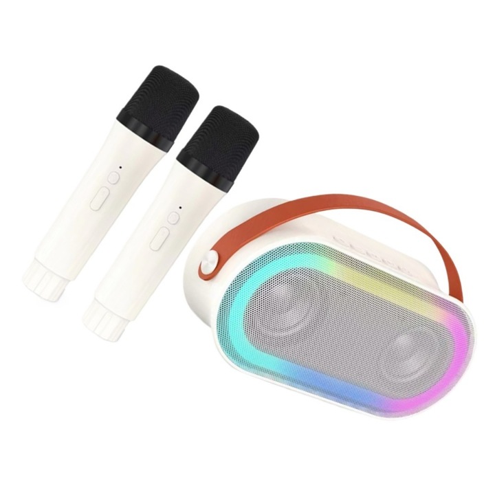 Microfon Karaoke Smart pentru copii si adulti, Wireless, Lumini LED,2 microfoane wireless,4 efecte voce, MicroSD card, Player MP3, Aux, Baterie 1200mAh, ABS, Bluetooth 5.0, conexiune multifunctionala, elegant si portabil, Alb