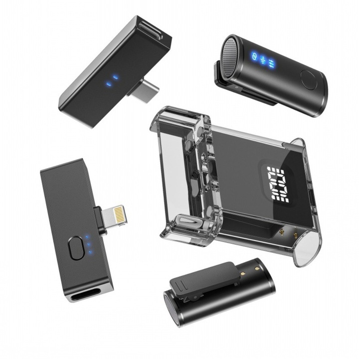 Set 2 Microfoane Lavaliera Profesionale, Mufe pentru Type C si Lightning, Transmisie wireless, plug and play, AI reducere inteligenta a zgomotului, durata de viata lunga a bateriei, usoara si portabila, Negru