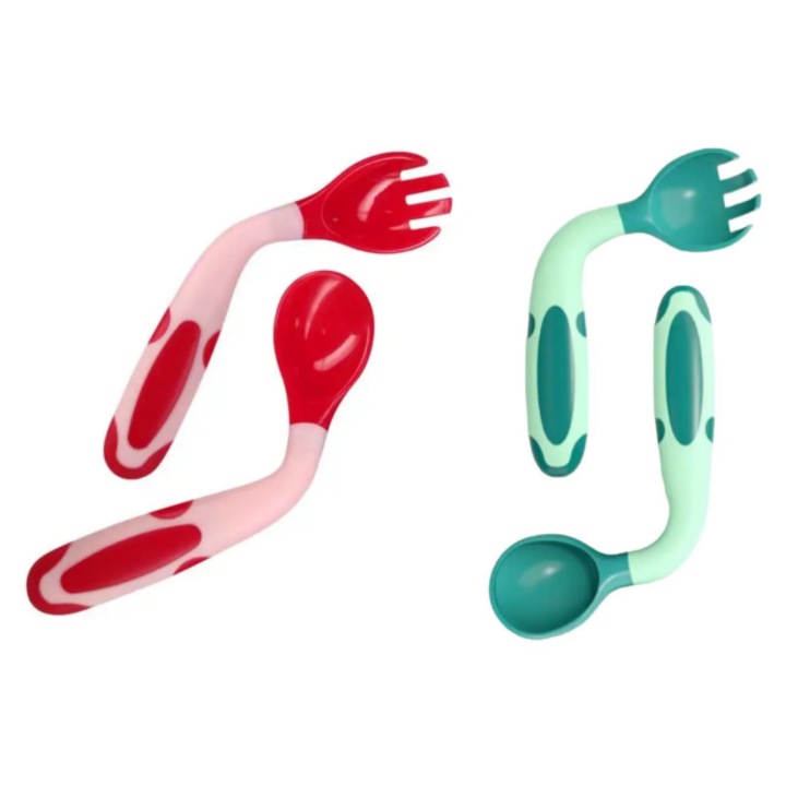 Set de tacamuri multifunctionale pentru copii, 4 piese, lingura si furculita din silicon, manere flexibile, usor de prins, rezistente la caldura