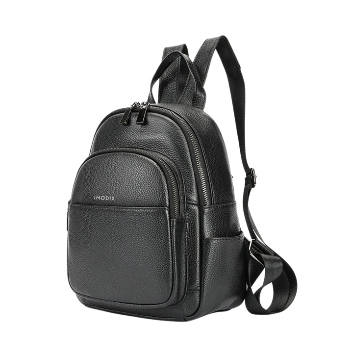 Rucsac Din Piele Naturala Pentru Dama, IMODIX, Casual Si Practic, Multiple Buzunare, Bretele Ajustabile, Maner, 28 x 23 x 11 cm, Model 2280, Negru