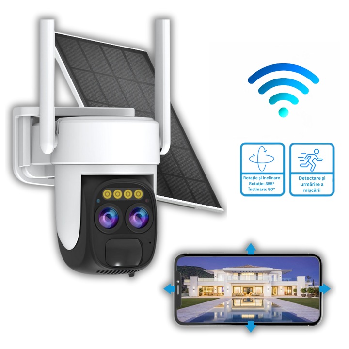 Nuvora megfigyelő kamera, WiFi, PTZ 3MP HD – 6W napelem, színes éjjellátó, 360 fokos forgatás, mozgásérzékelés, kétirányú hang, vízállóság