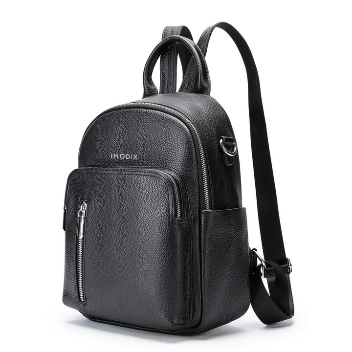 Дамска раница от естествена кожа, IMODIX, ежедневна и практична, множество джобове, регулируеми презрамки, дръжка, 30 x 25 x 11 см, модел BG8125, черна