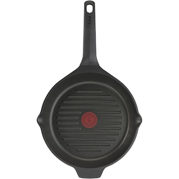 Tigaie grill Tefal Robusto, 26 cm, inductie, invelis antiaderent din titan, aluminiu turnat, indicator Thermo-Signal, margini turnare, maner lateral integrat, negru
