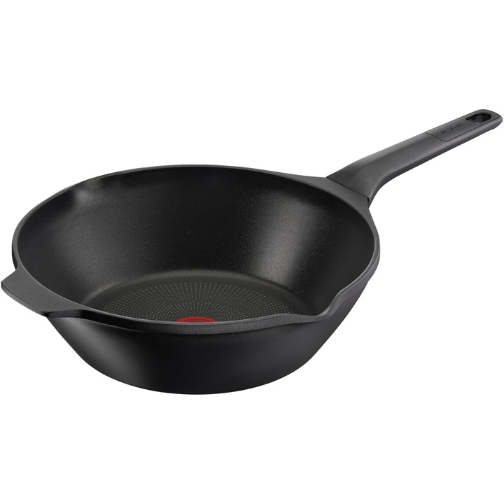 Уок тиган Tefal Robusto, 28 см, Индукция, Титаниево незалепващо покритие, Лят алуминий, Индикатор Thermo-Signal, Ръб за изливане, Вградена странична дръжка, Черен