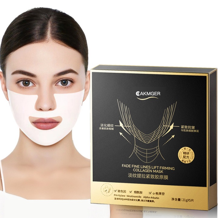 Set 5 masti cu colagen si acid hialuronic, Cakmger, intarirea muschilor faciali, reducerea barbiei duble, bucle pentru urechi in forma de V, potrivita pentru barbati si femei