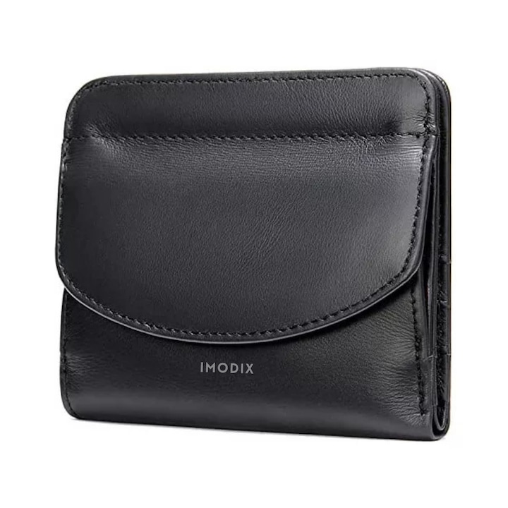 Дамски портфейл, естествена кожа, IMODIX®, RFID защита за карти, малък размер, джоб за монети, ултра тънък дизайн, 10,5x9,5x1 см, модел 7357, черен