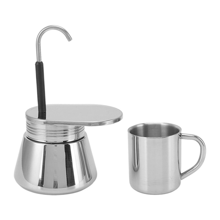 Cafetiera din inox pentru 4 cesti, design modern, rezistenta la caldura, transparent, argintiu