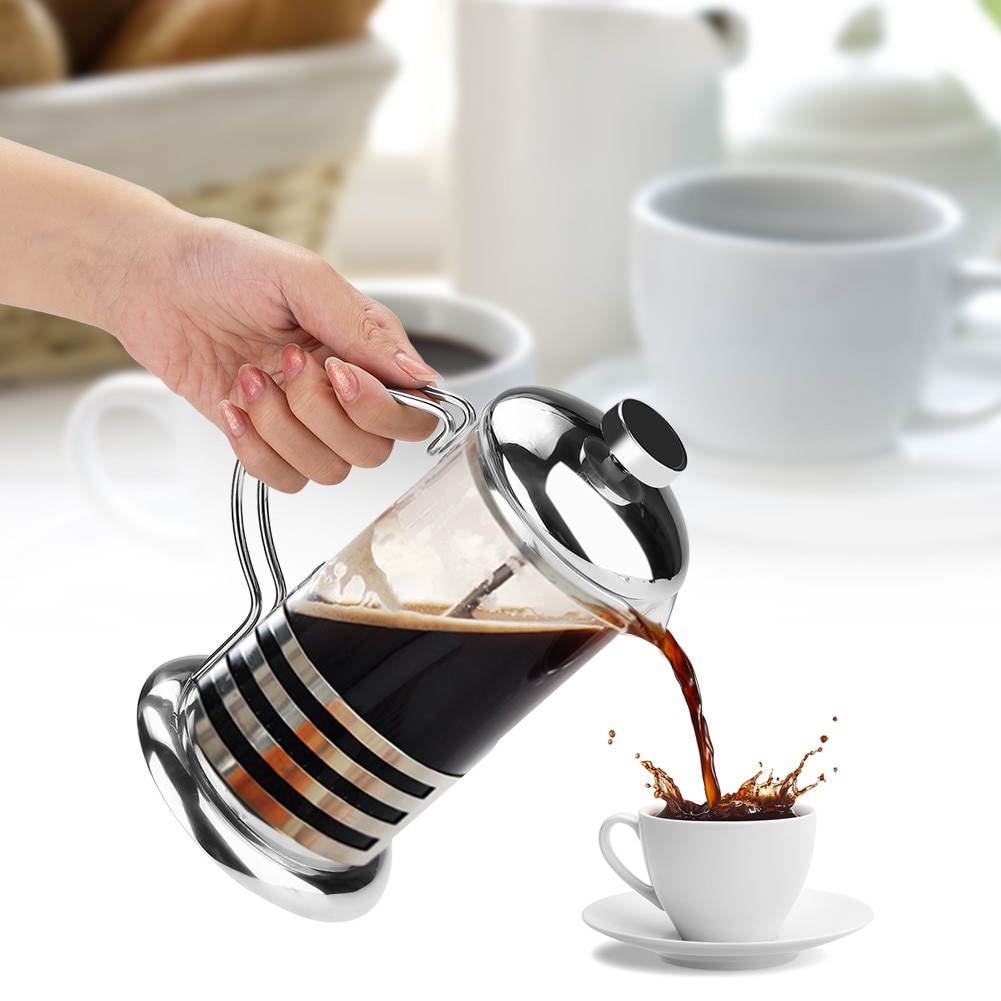 Cafetiera French Press, otel inoxidabil si sticla, capacitate 600ml, maner dublu curbat