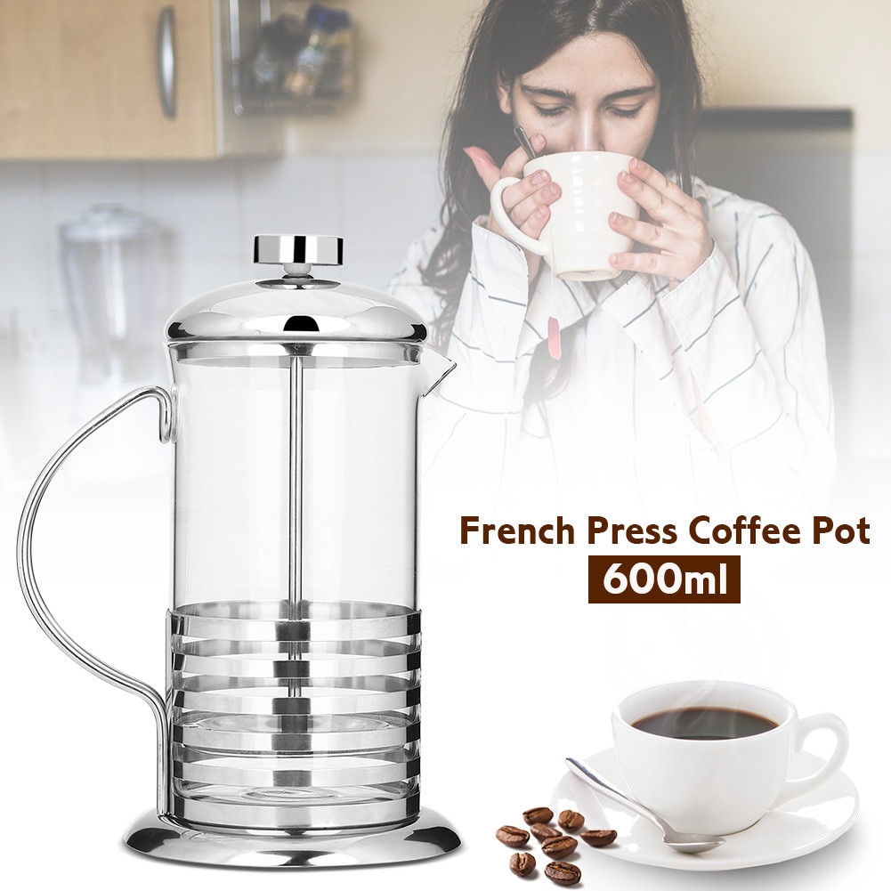Cafetiera French Press, otel inoxidabil si sticla, capacitate 600ml, maner dublu curbat
