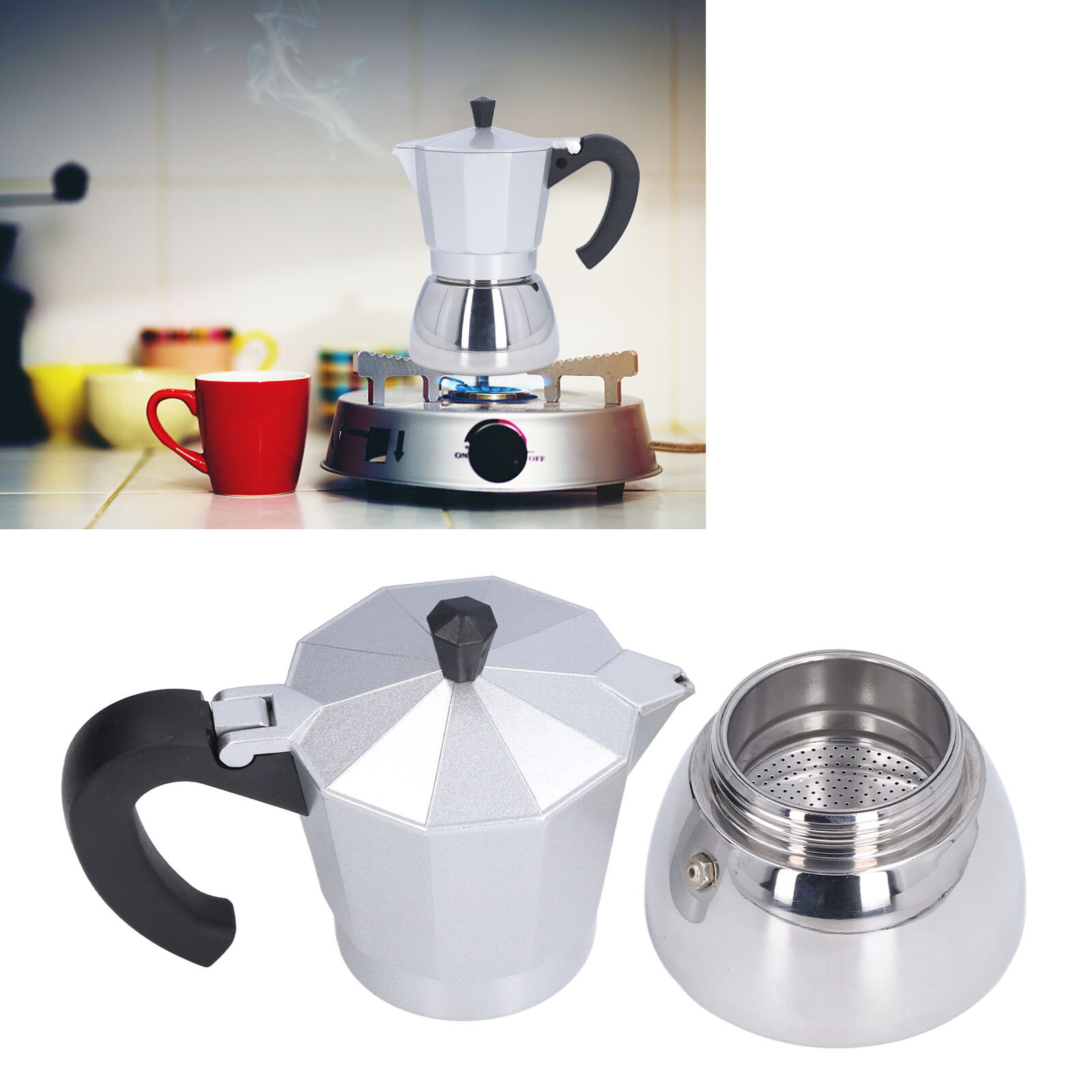 Cafetiera Moka 6 cani, aluminiu si otel inoxidabil, portabila