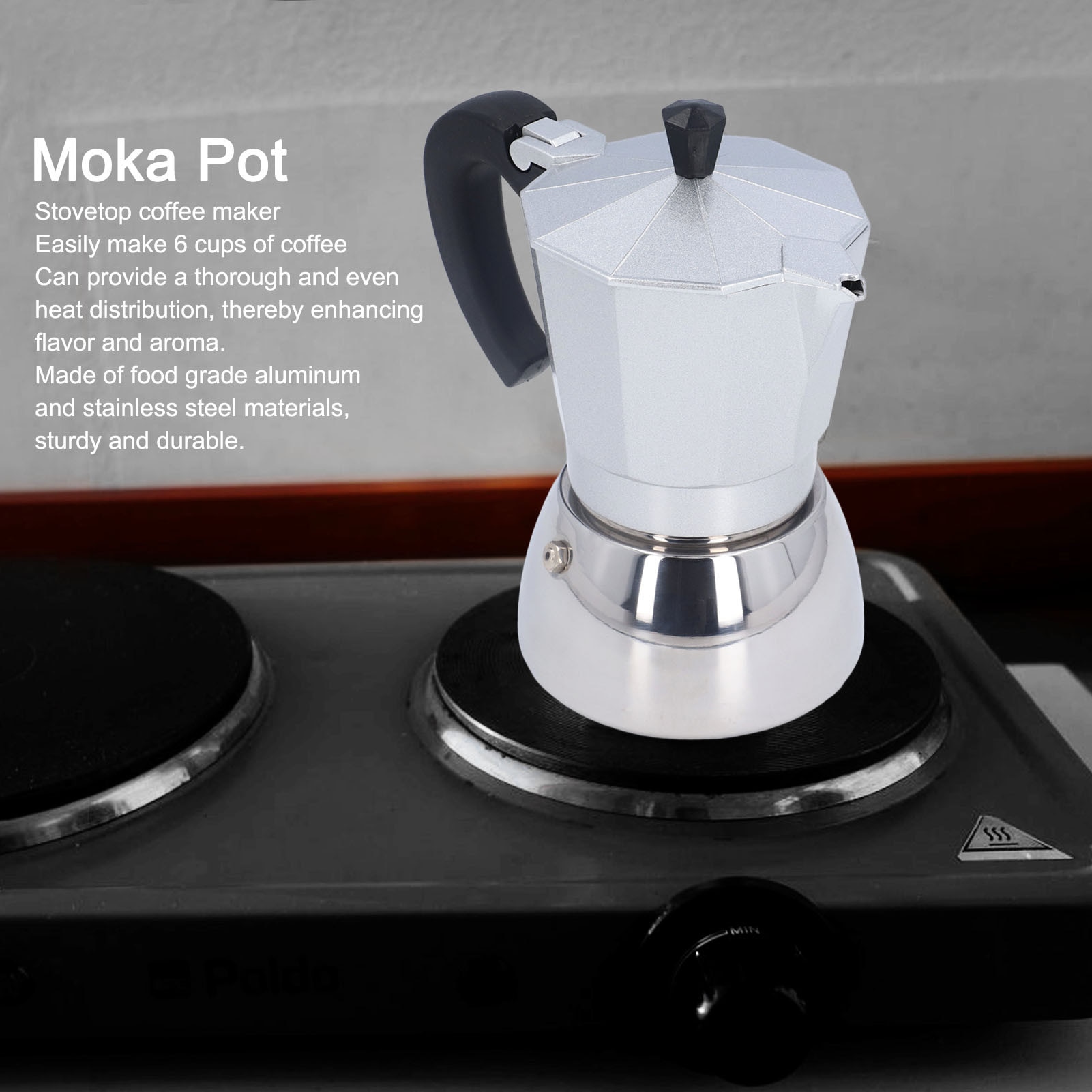Cafetiera Moka 6 cani, aluminiu si otel inoxidabil, portabila