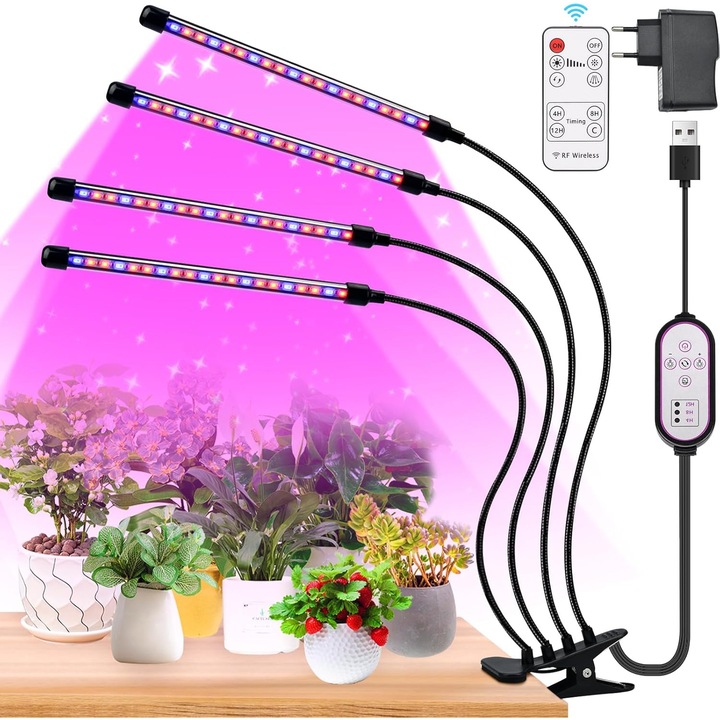 Lampa uv full spectrum pentru cresterea plantelor cu 4 picioare, temporizator 4/8/12h, corp reglabil, 10 luminozitate, cu telecomanda si adaptor, pentru cresterea accelerata a plantelor, florilor si legumelor