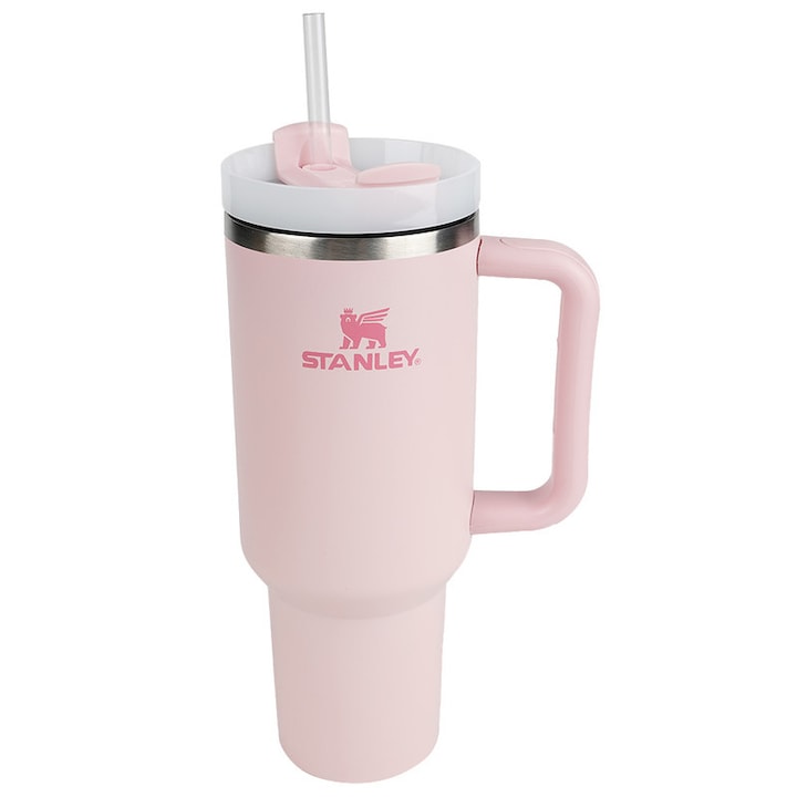 Термо чаша със сламка и дръжка, Stanley, неръждаема стомана, 40oz, розов