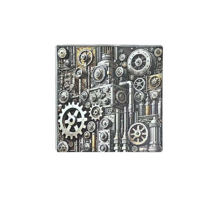 Decoratiune perete Gear Age, 30x30cm, stil steampunk, metal imprimat, alb-negru