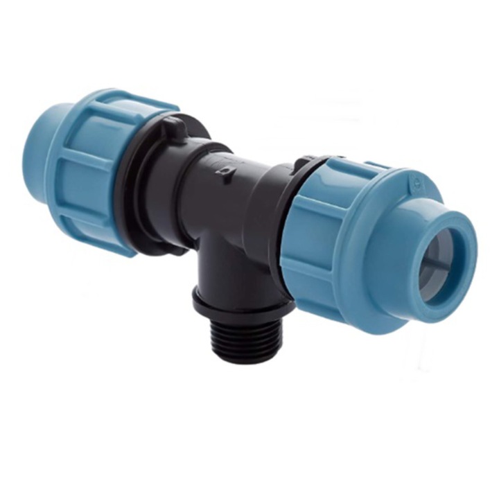 Teu compresiune hidraulic PEHD 25mm x 1/2", Filet Exterior, presiune 16 bar, pentru conducte apa, irigatii si antiincendiu, albastru-negru 16 bar 25 mm