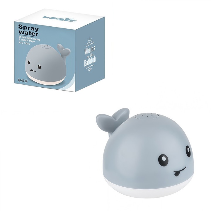 Baba fürdetőjáték, Bálna színes fényekkel, Permetező funkció, Szürke/Fehér, 6-36 hónapos