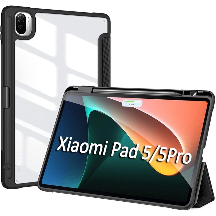 Husa DUZZONA pentru Xiaomi Mi Pad 5/Mi Pad 5 Pro 11 inch 2021, husa eleganta cu suport triplit, carcasa de protectie cu suport si capac spate transparent din PC, neagra