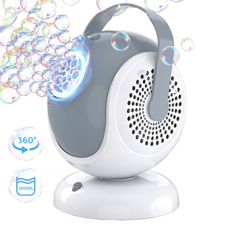 Интерактивна играчка за сапунени мехурчета, люлеене на 360° и регулиране на 75°, с LED светлина, презареждаща се, 20*14*16 см, TOIITKQ, сива