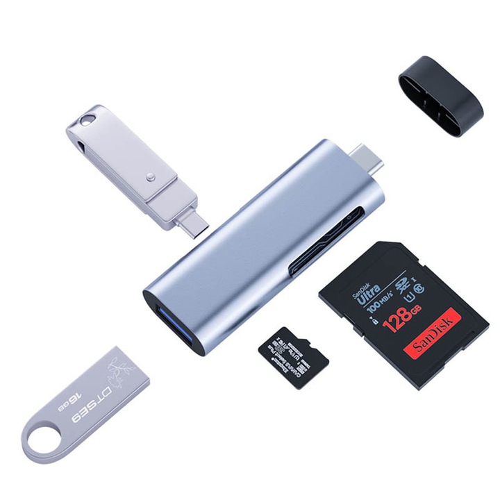 USB 3.0 kártyaolvasó, C típusú, Micro SD-t támogat, 5 Gbps, 480 Mbps átviteli sebesség