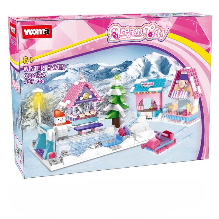 Woma Toys® építőkészlet – síterep, 497 darab, hozzon létre egy sí vidámparkot hóemberrel, motoros szánokkal és téli kiegészítőkkel