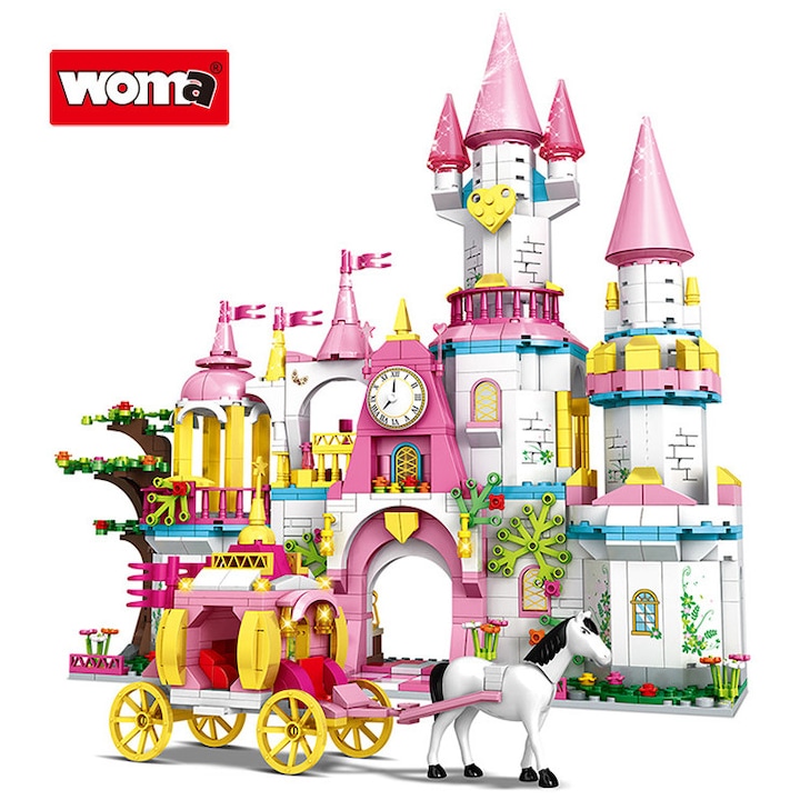 Woma Toys® építőkészlet – Hattyúk tavi kastélya, 1000 darab, építs egy mesebeli kastélyt valósághű részletekkel, kocsival és lóval