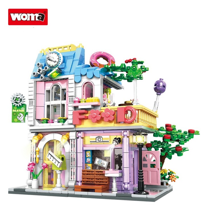 Woma Toys® építőkészlet – üzletépület, 880 darab, moduláris modell 4 szobával: virágszoba, textilszoba, pékség és énekesterem