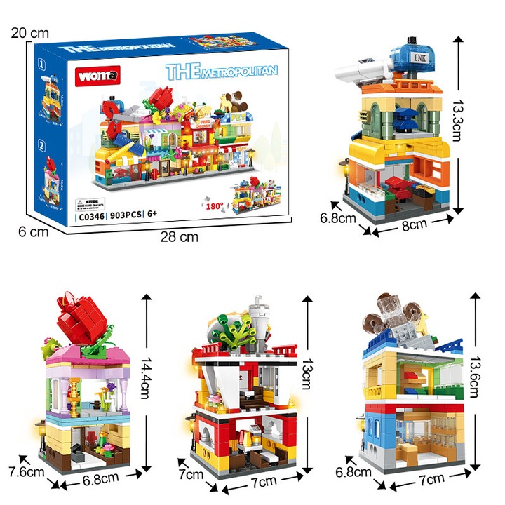Woma Toys® – Városi bevásárlókomplexum építési készlet, 903 darab, írószer boltok, virágüzlet, gyorsétterem és kisállat bolt két szinten