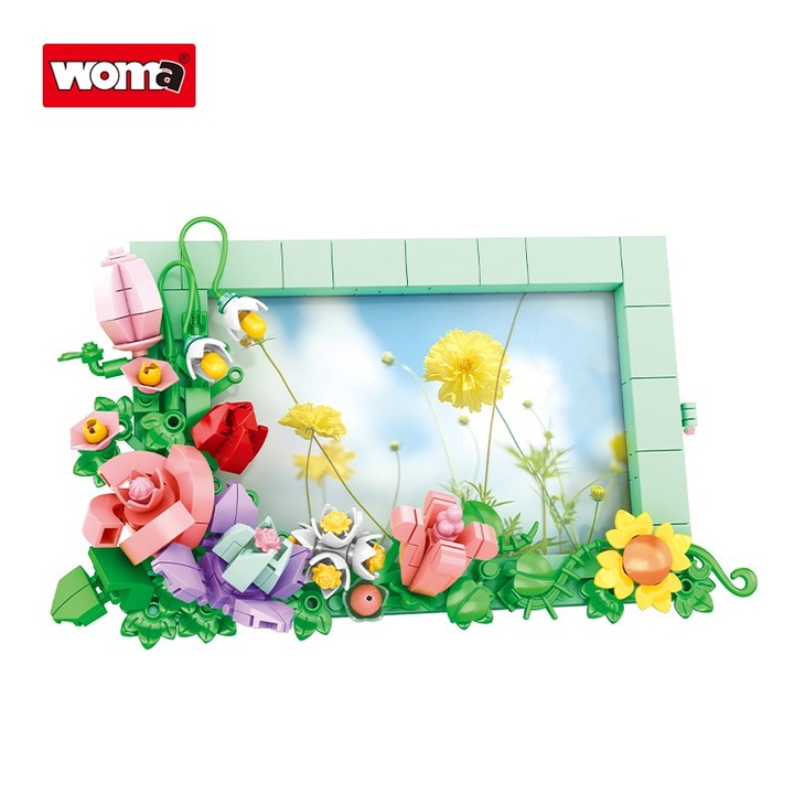 Woma Toys® építőkészlet – Fényképkeret dombornyomott virágokkal, 336 darab, elegáns kivitel, könnyen megjeleníthető fekvő vagy álló formátumban
