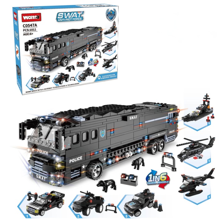 Woma Toys® építőkészlet – SWAT 6 az 1-ben, 1011 darab, SWAT busz, beavatkozó járművek és valósághű felszerelés különleges küldetésekhez