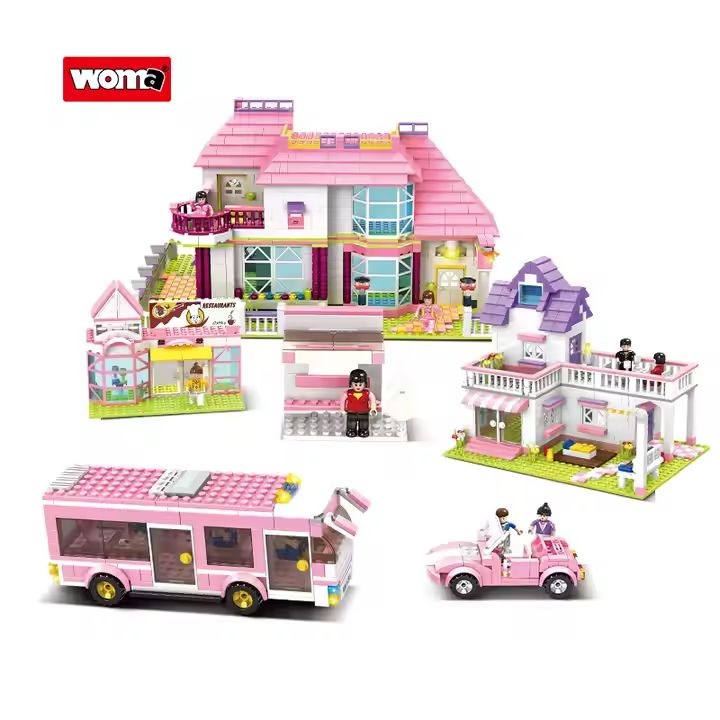 Woma Toys® építőkészlet – Álomváros gyerekeknek, 1898 darab, rózsaszín villa, busz, autó, buszmegálló és kis ház egy ötletes városi kalandhoz