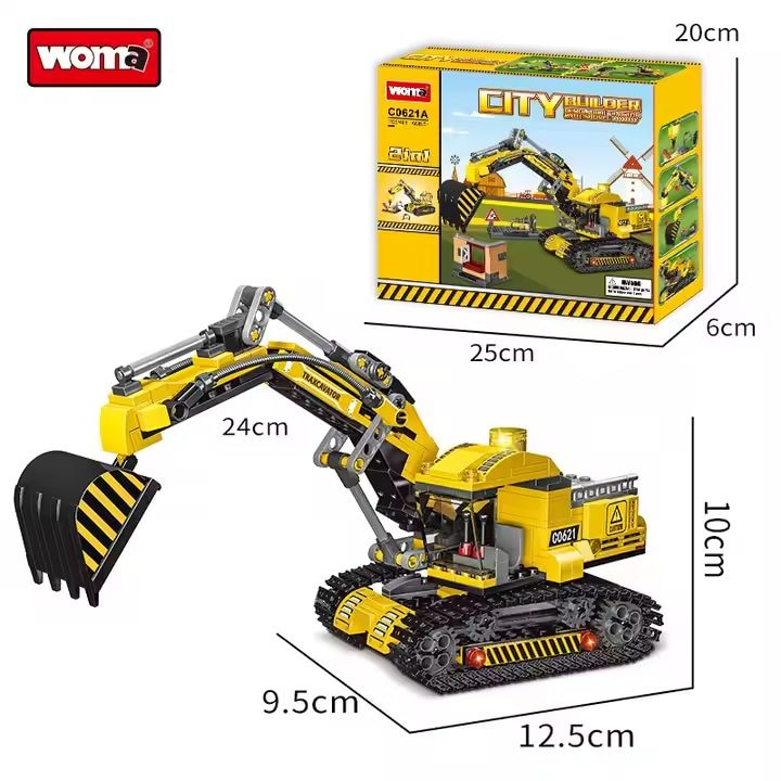 Woma Toys® építőkészlet – 2 az 1-ben kotrógép, 1000 darab, valósághű lánctalpas mozgás és aktív fúró a teljes építési élményért