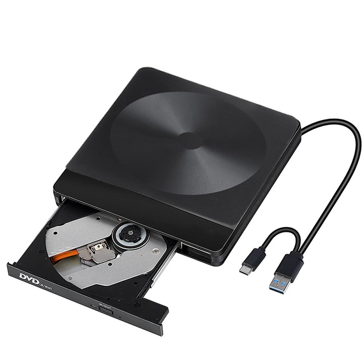 Външно DVD устройство USB 3.0, 14x14x1,2см, черно, за лаптоп и настолен компютър