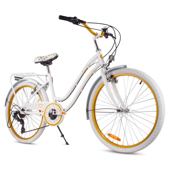 Велосипед за момичета, Sun Baby, Heart Bike, 24 инча, 7 скорости Shimano Tourney, скоростен лост Revoshift, 8-12 години, стоманена рамка, Бяло/Златно