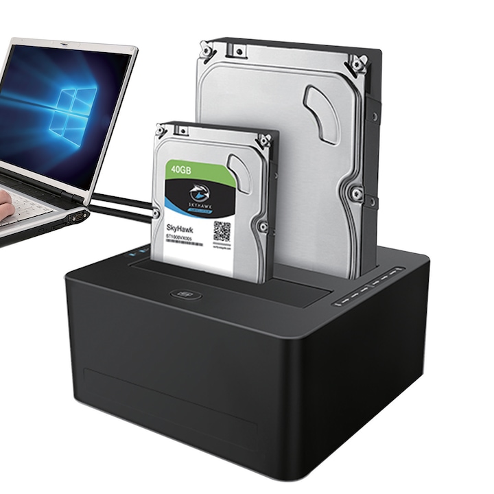 Докинг станция с двоен твърд диск, Kesment, USB 3.0, 2.5"/3.5" SATA HDD/SSD съвместим багажник, докинг станция с функция за офлайн клониране, двойно отделение, черен