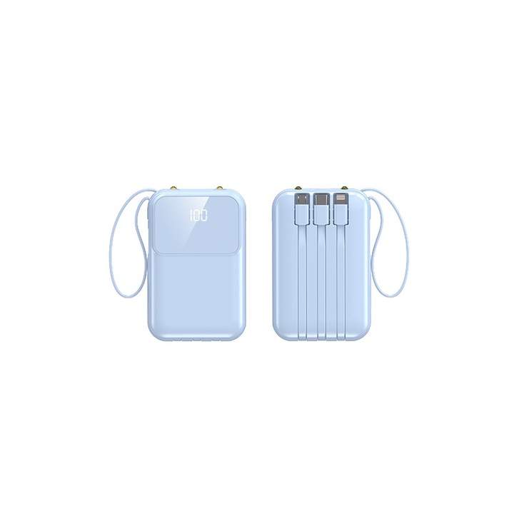 Mini Power Bank 10000 mAh,, Display Digital, Bidirectional Quick Charge cu Cablu Incorporat Pentru iOS si Cablu Type-C, OverCharge Protection, Universal, Albastru