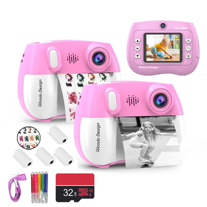 Soia ZK18 Instant Camera pentru copii, 1080P + 1080P Dual Lens, ecran 2.4 '', zoom 16X, baterie reincarcabila 1500mAh, inregistrare in bucla Slow Motion / Time-lapse, 60Hz, 5 jocuri, card SD de 32GB, hartie de culoare 4 role si 5 stilouri, roz
