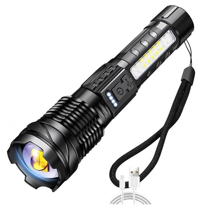 Lanterna LED YANYXR, portabila, 2600mAh, cu curea umar, aluminiu, negru, 16x7x5cm
