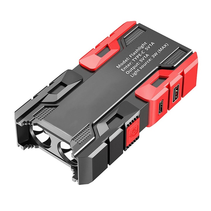 Lanterna reincarcabila YANYXR BCS3068277, 2x LED, baterie 18650 1200 mAh, incarcare USB Type-C, 3 moduri (puternic/mediu/stroboscop), raza 200–500 m, negru
