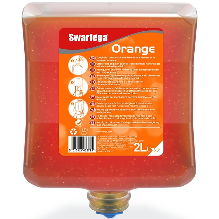 SCJP Swarfega Orange Heavy Duty ipari kézmosó közepesen makacs olajos, zsíros szennyeződésekre, kukoricacsutka őrleménnyel, narancs illat, erős tisztítóhatás: 4/5, Heavy Duty adagolóhoz, 2L patron