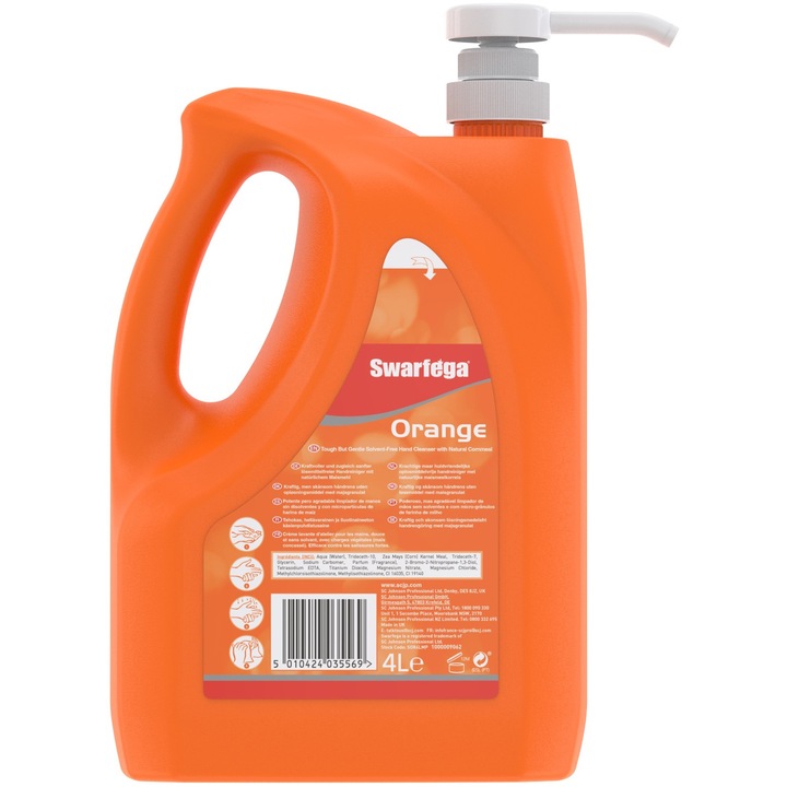 SCJP Swarfega Orange Heavy Duty ipari kézmosó közepesen makacs olajos, zsíros szennyeződésekre, kukoricacsutka őrleménnyel, narancs illat, erős tisztítóhatás: 4/5, 4L pumpás kanna