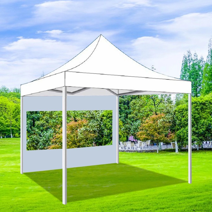 Pavilion exterior, 3x2m, cu perete lateral detasabil, material Oxford, alb, pentru gradina, camping, petreceri