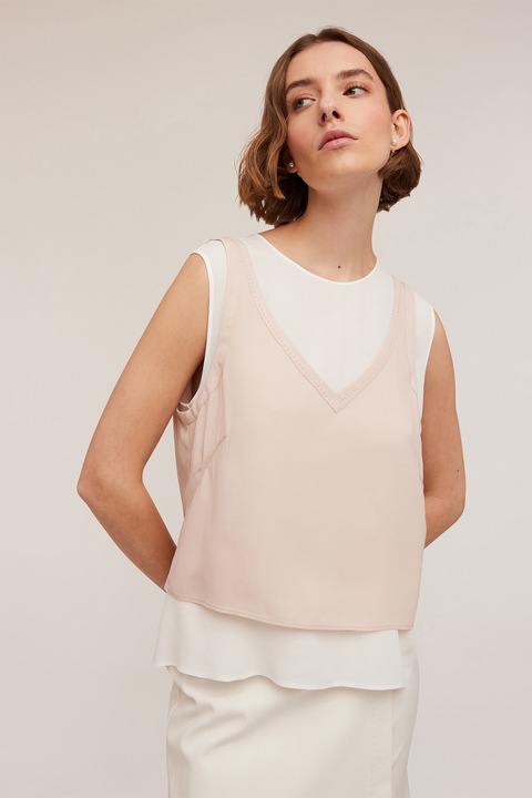 MOTIVI, Bluza fara maneci cu model 2 in 1, Alb murdar/Crem